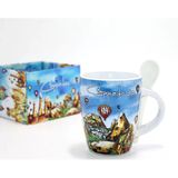 Gökyüzü Temalı Kapadokya Kupa Bardak - Kaşıklı - Seramik Set