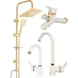 Gold Altın Kare Robot Seti, Beyaz Gold Banyo, Lavabo, Mutfak Bataryası Musluğu Çeşmesi 4'lü Set