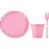 Gold Ambalaj Plastik Tabak Bardak Çatal Seti 25'li Kullan At Piknik Seti Pembe Tabak Pembe Çatal