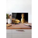 Gold Ananas Yaprak Cam Kesme Tahtası, Silikon Ayaklı, Isıya Kırılmaya Dayanıklı Sunum Kesim Tablası - 30 x 45 cm