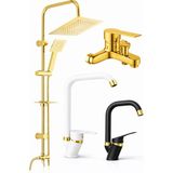 Gold Duş Sistemi + Siyah-Beyaz Kuğ Köşe Borulu Gold Mutfak-Lavabo Bataryası Seti-4lü Set - Beyaz - Altın