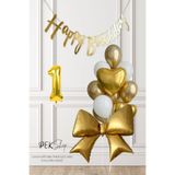 Gold Fiyonk Balonlu Altın Beyaz Tema Gold Bannerlı Doğum Günü Süsleme Balon Seti Set241