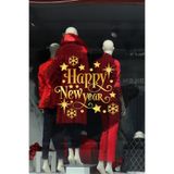 Gold Kar Tanesi ve Yıldız Desenli Happy New Year Vitrin Stickerı, Yılbaşı Özel Tasarım Duvar ve Vitrin Süslemesi