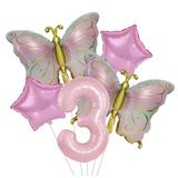 Gold Kelebekli Pembe 3 Yaş Rakam Balon Set