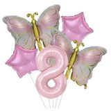 Gold Kelebekli Pembe 8 Yaş Rakam Balon Set