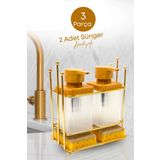 Gold Metal Standlı Ahşap Detaylı Bulaşık Deterjanı Ve Sıvı Sabunluk Mutfak Seti-Sünger Hediyeli