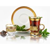 Gold Porselen 18 Parça Çay ve Mırra Takımı, Paşabahçe Bardak, Porselen Tabak Seti - Standart