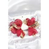 Gold Renk Bordo Tüllü Lotus Kadın Küpe (Pirinç)