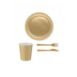 Gold Renk Plastik Tabak Bardak Çatal Bıçak Seti 8 Kişilik