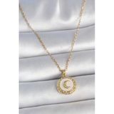 Gold Renk Zincir Beyaz Mineli Hilal İşlemeli Madalyon Model Kadın Kolye - EBJ250501W33573