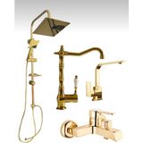 Gold Robot Gold Rustik Evye Bataryası Gold Kare Lavabo Bataryası Gold Banyo Bataryası 4 Lü Set - Altın