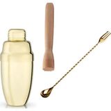 Gold Shaker 350 ml + Gold Çatallı Bar Kaşığı + Mojito Tokmağı Bar Shaker Kokteyl Hazırlama Seti