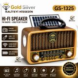 Gold Silver Gs-1325 Nostaljik Radyo Güneş Enerjili Bluetooth Hoparlör Usb/Tf Kart Girişli Güçlü Fenerli Şarjlı