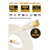 Gold Step 3 Metre BEYAZ Yassı Cat 7 Ethernet Kablosu 10 Gigabit/S 600 Mhz Premium Metal Zırhlı RJ45 Konnektör