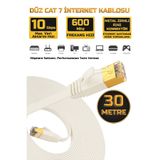 Gold Step 30 Metre BEYAZ Yassı Cat 7 Ethernet Kablosu 10 Gigabit/S 600 Mhz Premium Metal Zırhlı RJ45 Konnektör