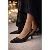 Gold Step ✨ “Siyah Parlak Taşlı Slingback Abiye Ayakkabı 5 Cm Kitten Topuk Özel Üretim Düğün Nişan Mezuniyet”