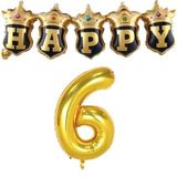 Gold Taçlı Birleşik Happy 6 Yaş Folyo Balon Seti, Doğum Günü Temalı, Altın Rengi, Parti Süslemesi