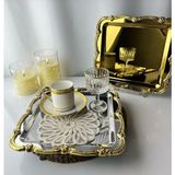Gold ve Gümüş Kare Kenar Çerçeveli Çelik Sunum Tepsisi Çay Kahve Servis
