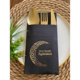 Gold Yaldızlı Siyah Hoş Geldin Ramazan Ay Desenli Cepli Peçete 12 li 40x40