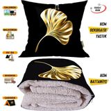 Gold Yaprak Desen Tv Battaniyeli Opsiyonel Dekoratif Yastık Kırlent 2 In 1 Battaniye - 115 x 170 cm - Renkli