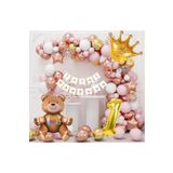 Gold Yaş Rakamli Kral Taç Oturan Ayi Temali Rose Gold Pembe Balonzinciri Doğum Günü Parti Seti Süsü, 787845412005