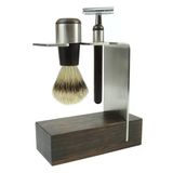 Golddachs Tıraş Seti, Tıraş Fırçası (%100 Koparılmış Saç) Ve Klasik Tıraş Makinesi, Wengen Ahşap/Paslanmaz Çelik, 1'Li Paket (1 X 2 Parça)