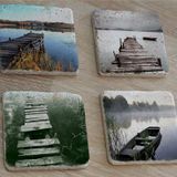 Gölde İskele ve Kayık Manzaraları Doğal Taş Bardak Altlığı 4'lü set - Natural Stone Coasters