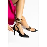 golden heel Siyah Süet Bilekten Bağlamalı Stiletto Kadın Topuklu Ayakkabı 2173