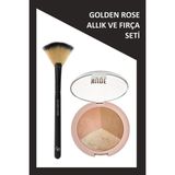 Golden Rose Fan Brush - Yelpaze Fırça ve Nude Look Baked Trio Face Powder - Allık Bronzlaştırıcı Aydınlatıcı Seti - Çok Renkli