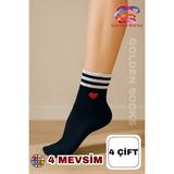 Golden Socks 4 Çift Kadın Kalp Desenli Tenis Çorap, Yarım Konç Kolej Çorap - Çok Renkli