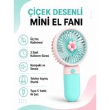 Golden Tech Çiçek Desenli Şarjlı Mini El ve Masa Fanı Mini El Pervanesi - Mavi