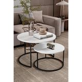 GOLDFALEZ Bade İkili Yuvarlak Zigon Sehpa Seti, 60x50 cm, Beyaz Tabla Siyah Metal Ayak, Suntalam, Salon ve Oturma Odası için