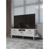 GOLDFALEZ TV Sehpası 160 cm Modern 3 Kapaklı Tv Sehpa Çok Amaçlı Konsol Ünitesi Mira Beyaz Gümüş - Antik Beyaz