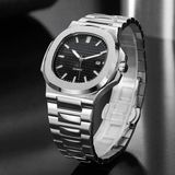 Goldwatches Çelik Kasa Kordon Siyah Kadran Erkek Kol Saati - Eşref Tek Patek Model, Fosforlu, Takvimli, Su Geçirmez, Kelebek Klips - Gümüş - Siyah