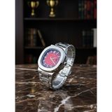Goldwatches Patek Model Çelik Kasa Kordon Kırmızı Kadran Erkek Kol Saati - Eşref Tek Saati, Su Geçirmez, Kelebek Klipsli, Lüks Tasarım