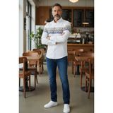 Gömlek Galerisi Erkek Dar Kesim Pano Desen Uzun Kollu Spor Gömlek - Beyaz - Lacivert - Sarı
