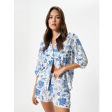 Gömlek Yaka Pijama Üstü Çiçekli Uzun Kollu Düğmeli Viskon