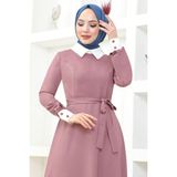 Gömlek Yakalı Krep Tesettür Elbise 2687 - 46 - Gül - Kurusu