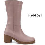 Gönderi(r) Kadın Pudra Fermuarlı Kalın Topuklu Hakiki Deri Çizme