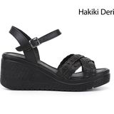 Gönderi(r) Kadın Siyah Bilek Bağlı Dolgu Topuk Hakiki Deri Sandalet