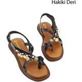 Gönderi(r) Kadın Siyah Boncuklu Parmak Arası Hakiki Deri Sandalet