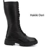 Gönderi(r) Kadın Siyah Floter Fermuarlı Kalın Topuklu Hakiki Deri Postal Çizme - 000-Siyah