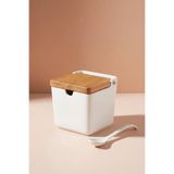 GÖNÜL Bambu Kapaklı Porselen, Kaşıklı, Tuz Saklama Kabı 10x10x10 cm