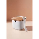 GÖNÜL Bambu Kapaklı Porselen Tuz Saklama Kabı 9x9x8,6 cm, Kaşıklı, Tezgah Üstü Kullanım