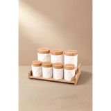 GÖNÜL Porselen 8 Parça Baharat Takımı, Bambu Kapaklı Geometrik Dokulu Porselen Kavanoz Seti, Bambu Standlı