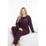GOOD NİGHT Kadın Büyük Beden Mürdüm Çiçek Nakışlı Düğmeli Interlok Pijama Takımı