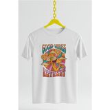 Good Vibes Baskılı Oversıze Retro Vintage Bisiklet Yaka Pamuklu Kadın ve Erkek Tshırt - Beyaz - XL