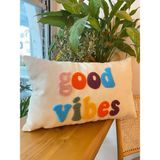 Good Vibes Pamuklu Kumaş Punch Işlemeli Yastık Kılıfı - 30*50CM - Dikdörtgen Yastık Kılıfı - 30 x 50 cm - Renkli