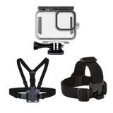 GoPro Hero 12 Uyumlu Su Geçirmez Kılıf Housing Göğüs Bandı ve Kafa Bandı 3'lü Set