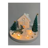 Görke Tasarım Yılbaşı Tealight Mumlu Ev Mumluk, Tabak, 2 Adet Çam Ağacı Mum, Inci Tozu Mum Seti